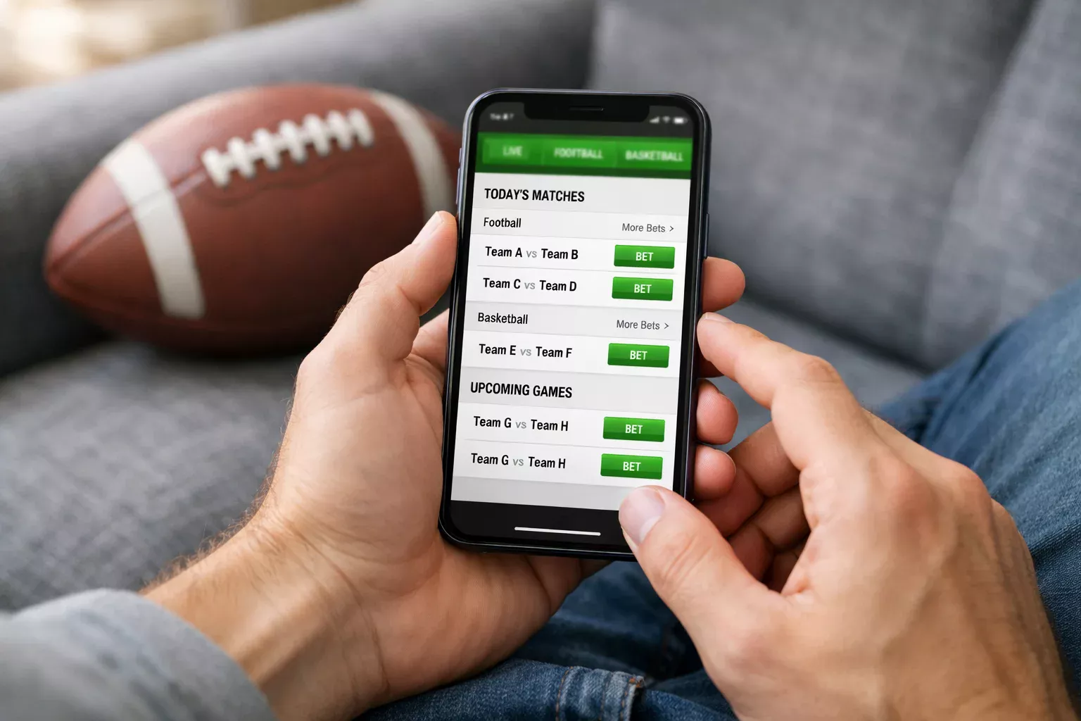 Personne utilisant une application mobile sur smartphone avec écran de paris sportifs
