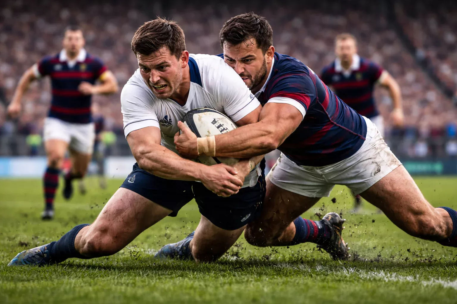 Joueurs de rugby en pleine action lors d'un match professionnel