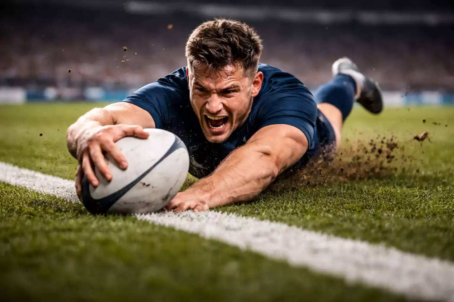 Joueur de rugby marquant un essai derrière la ligne