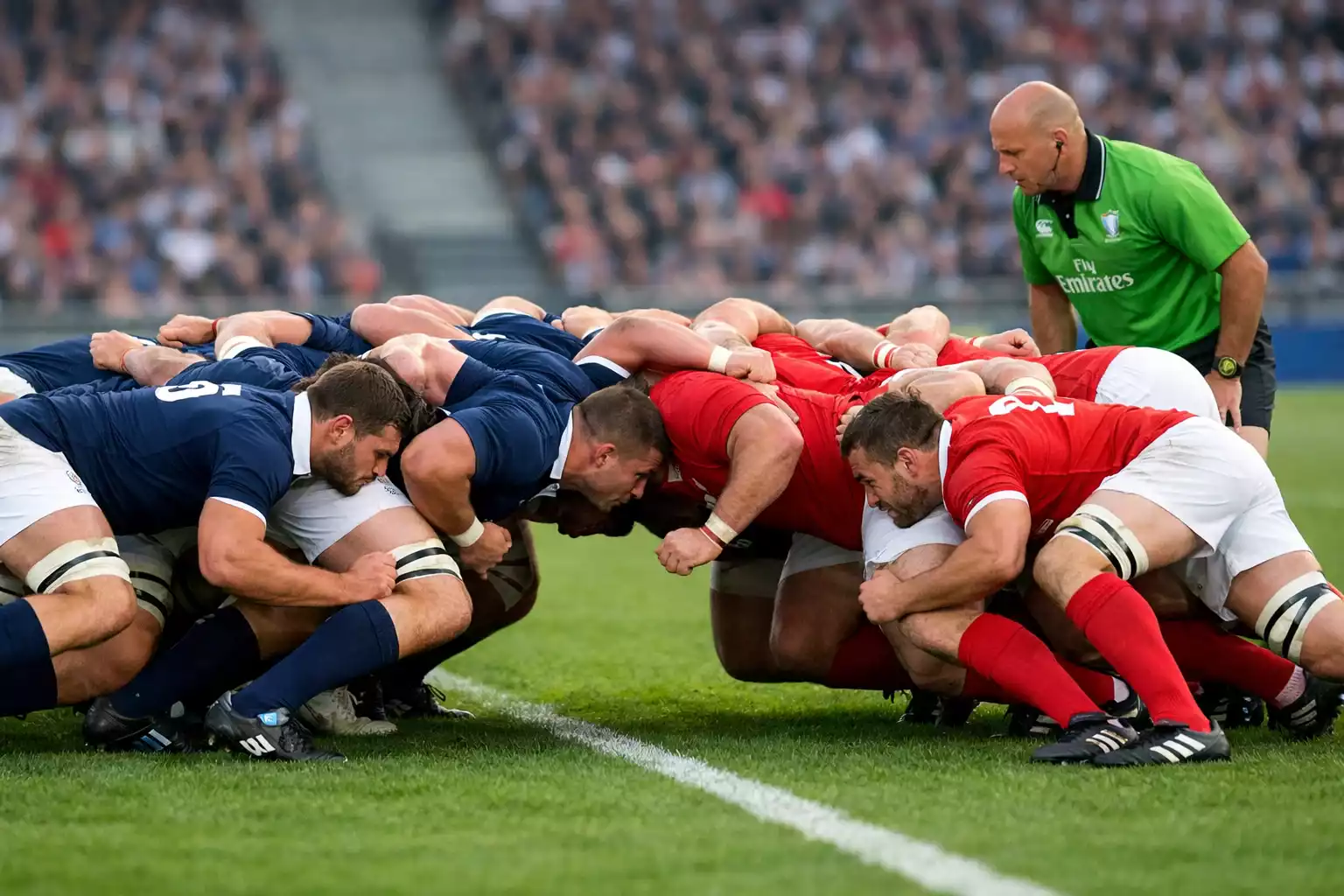 Équipe de rugby en formation stratégique avant une mêlée