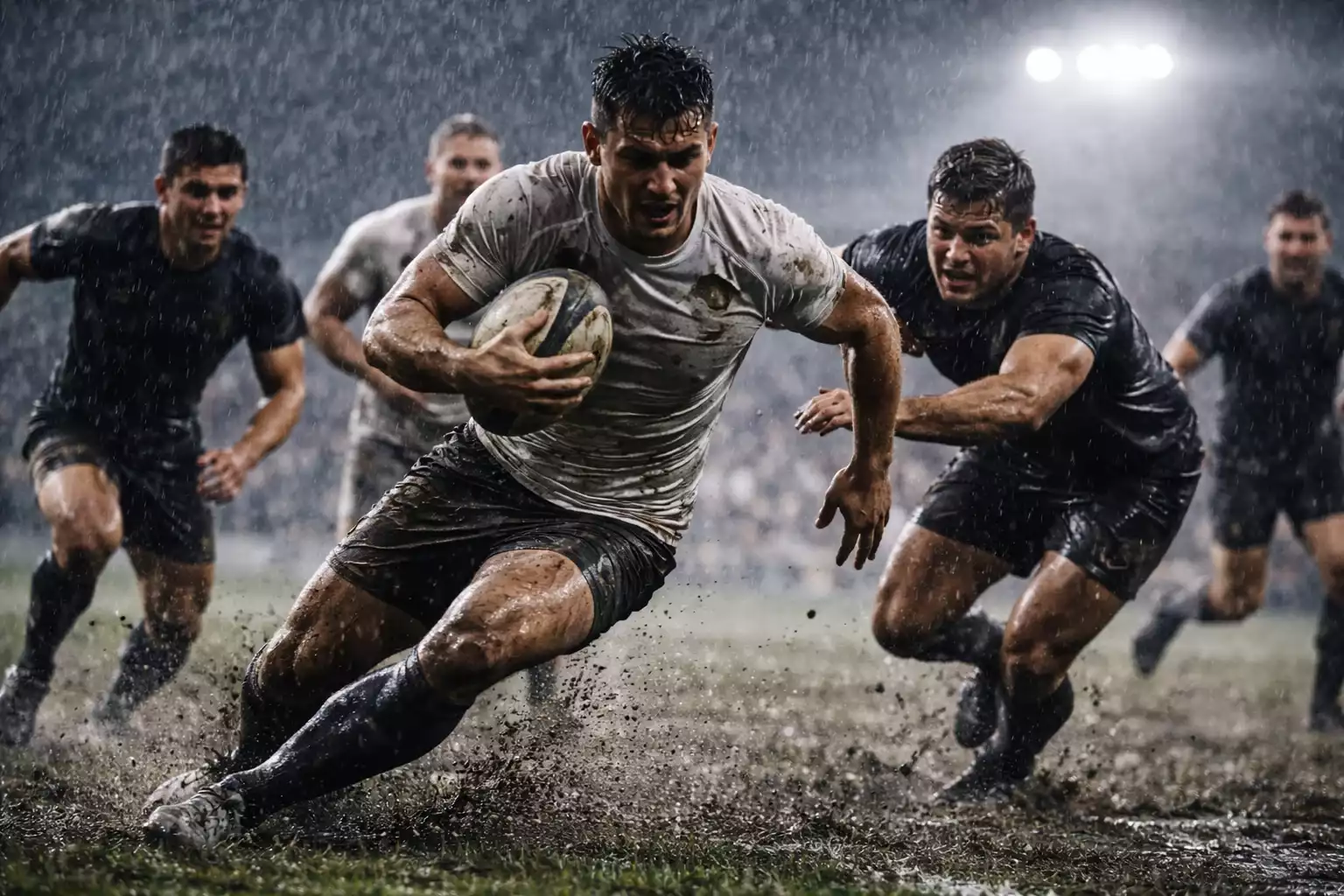 Match de rugby sous la pluie avec conditions météo difficiles