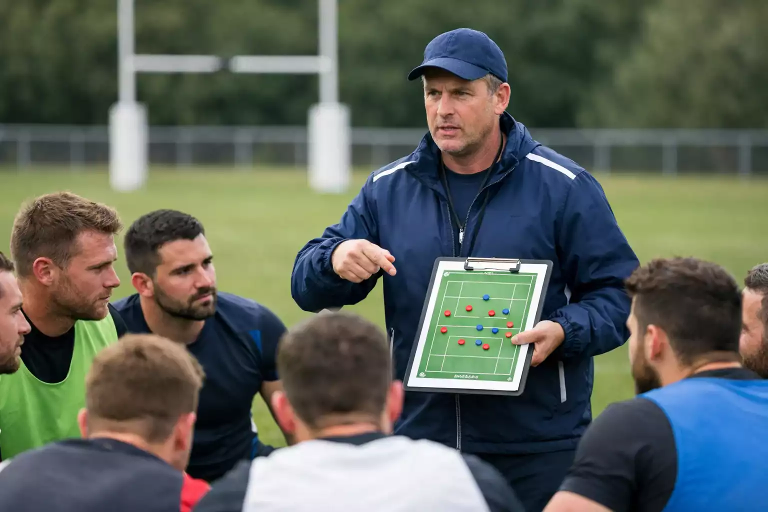 Entraîneur de rugby donnant des conseils à son équipe