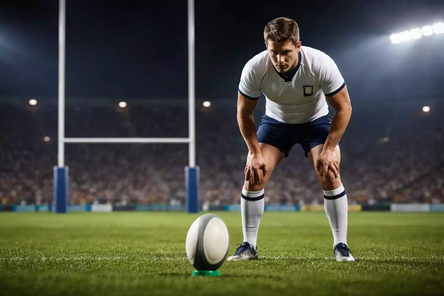 Buteur de rugby tentant une pénalité face aux poteaux