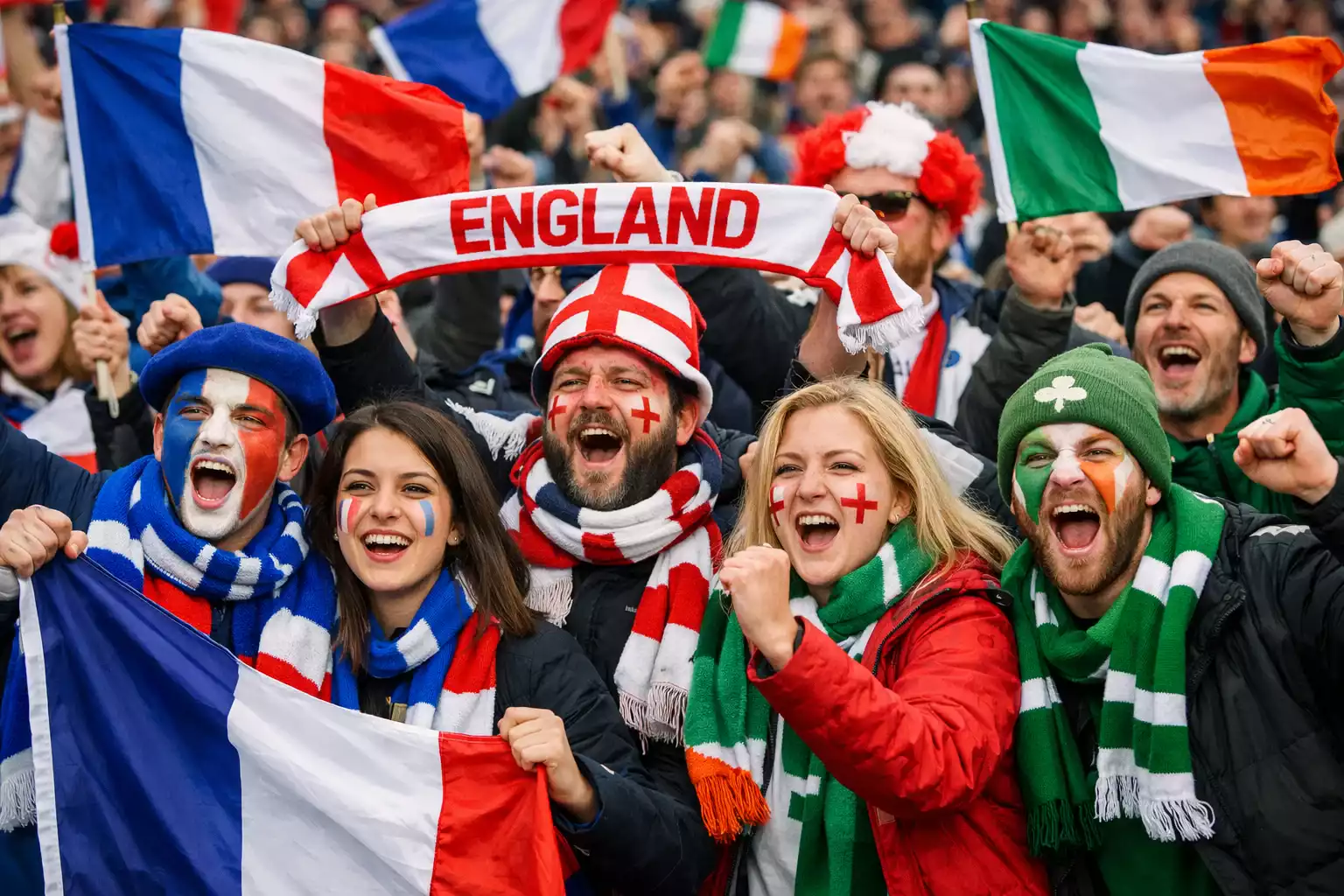 Supporters de rugby avec drapeaux nationaux dans un stade