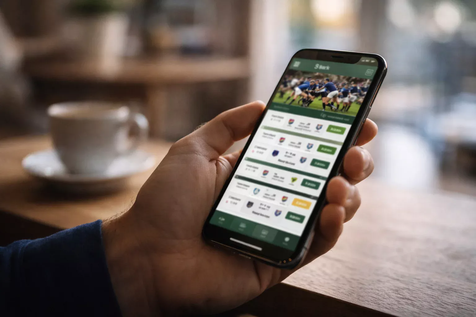 Personne consultant un site de paris sportifs rugby sur smartphone