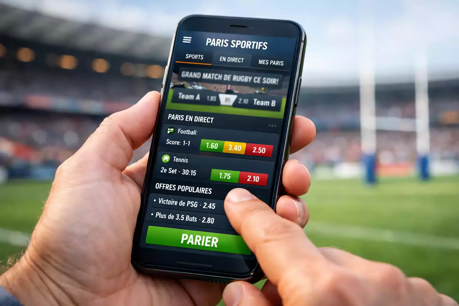 Main tenant smartphone avec application paris sportifs ouverte
