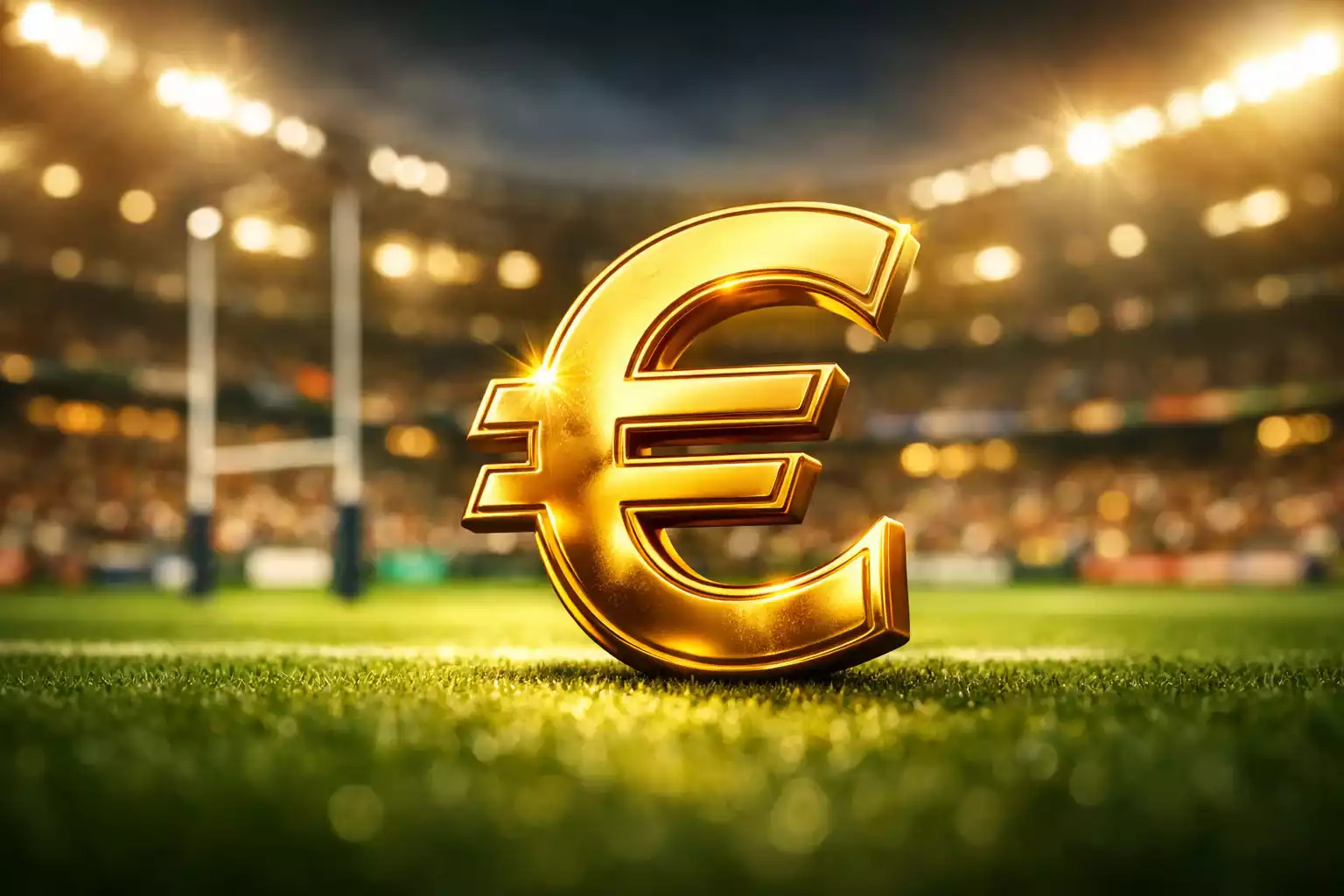 Symbole euro sur fond de stade de rugby moderne