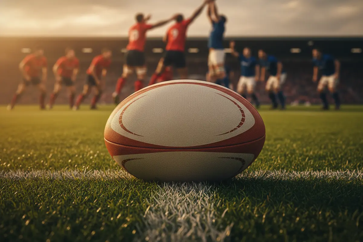 Plusieurs matchs de rugby se déroulant sur un terrain vert avec un ballon ovale au premier plan