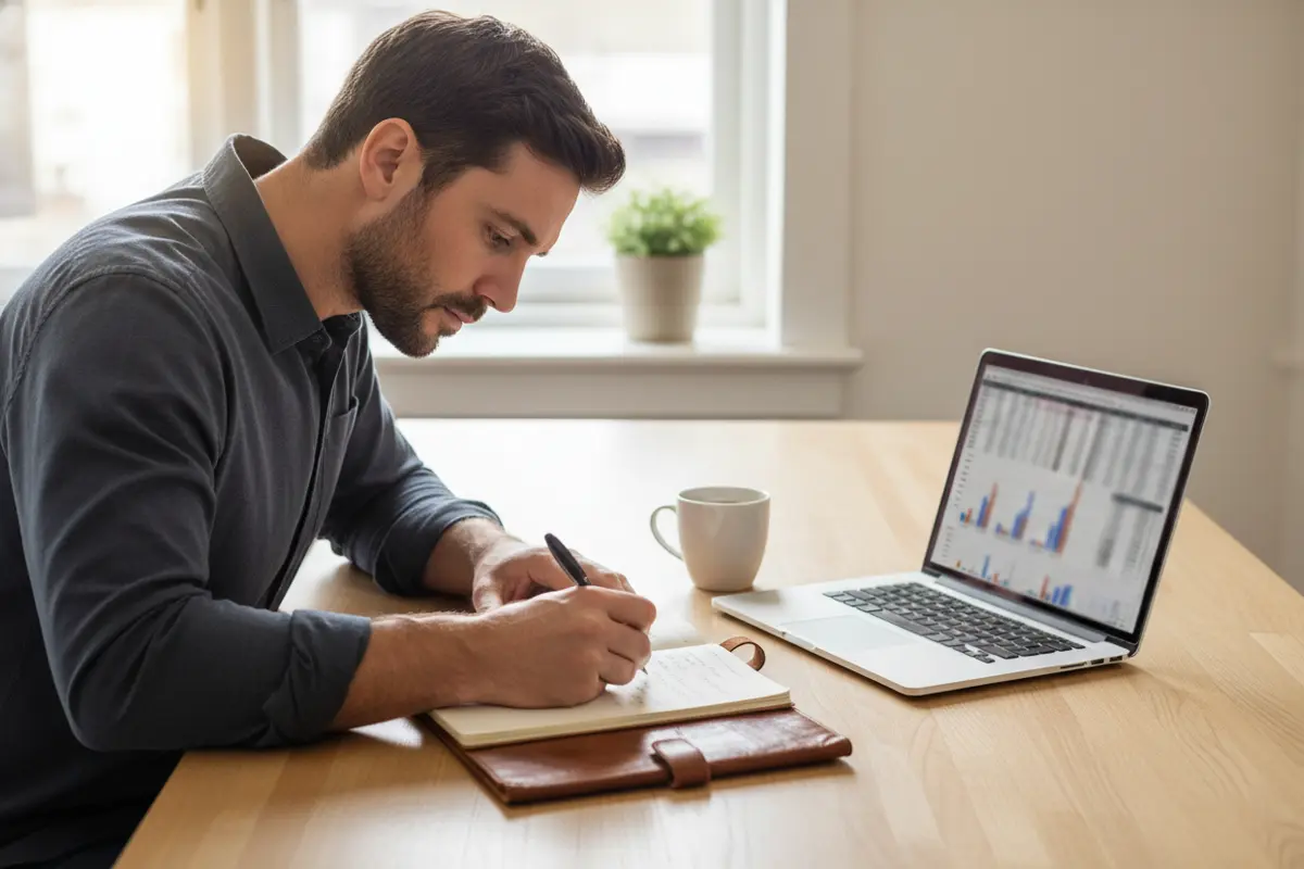 Homme concentré prenant des notes dans un carnet à côté d'un ordinateur affichant des statistiques de rugby