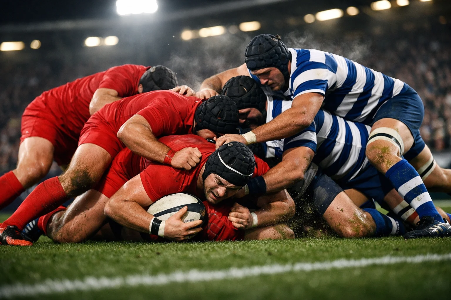 Match de rugby européen sous les projecteurs avec deux équipes de clubs s'affrontant dans un grand stade