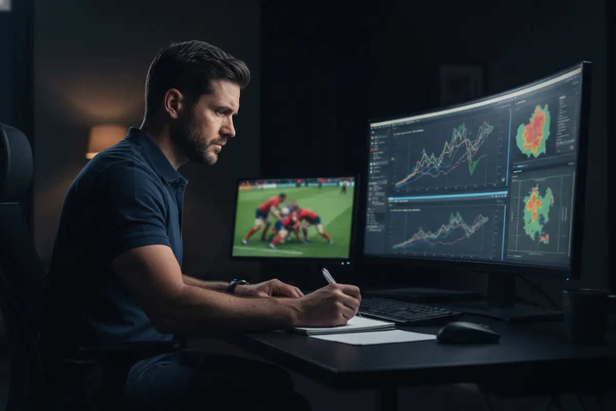 Analyste sportif étudiant des données de matchs de rugby sur un écran dans un bureau éclairé