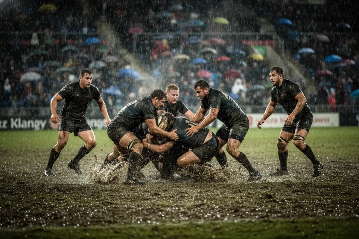 Match de rugby disputé sous une pluie battante sur une pelouse détrempée avec des joueurs couverts de boue