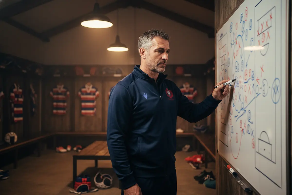 Entraîneur de rugby debout devant un tableau tactique dans un vestiaire avant le match