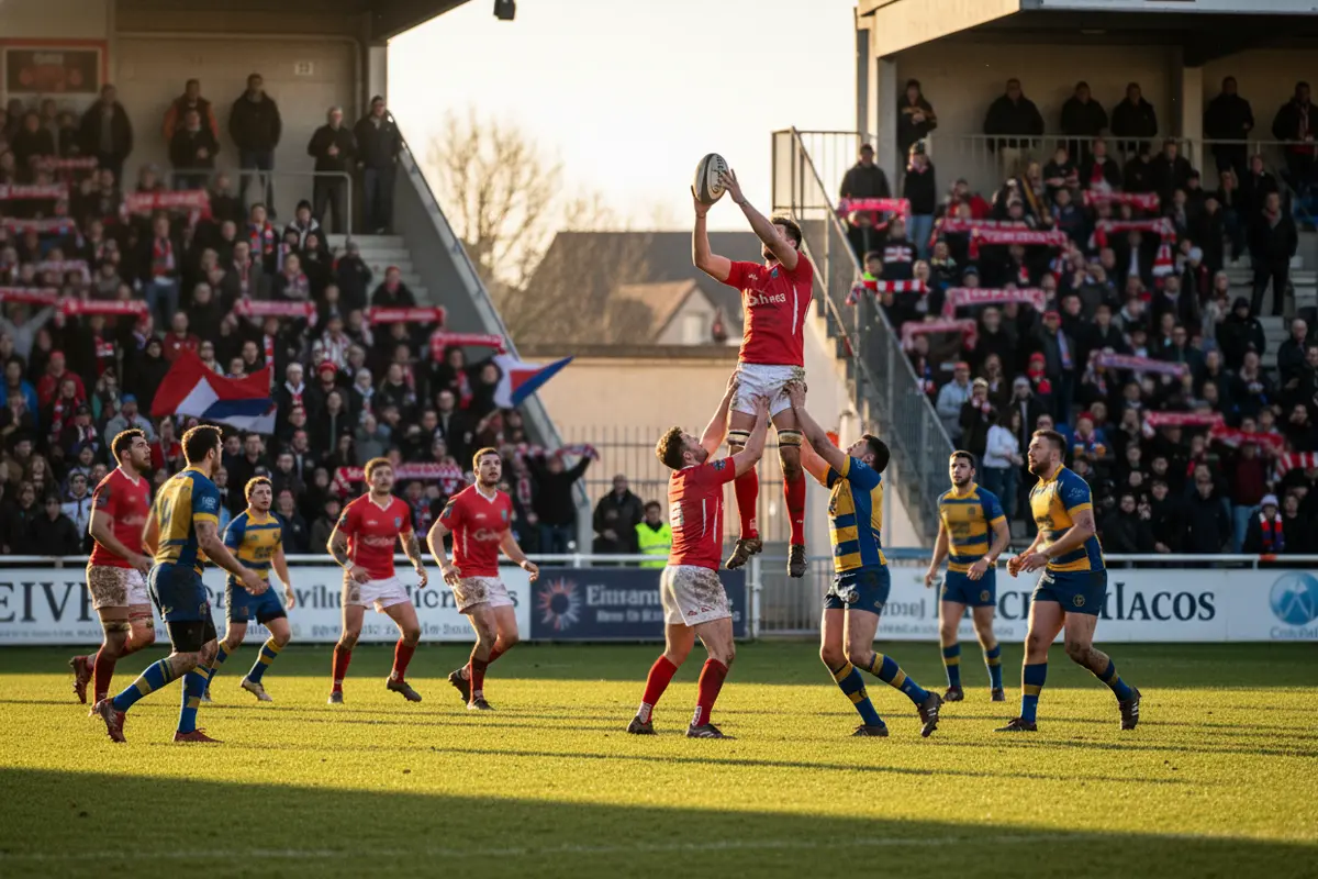 Match de rugby de Pro D2 dans un stade de ville moyenne française avec des supporters enthousiastes en tribune
