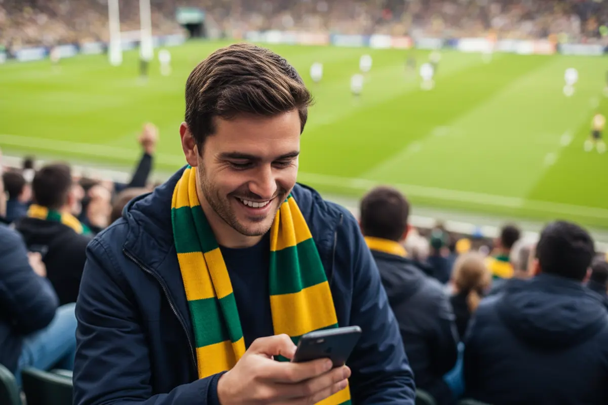 Supporter de rugby souriant regardant un match depuis les tribunes avec son smartphone à la main
