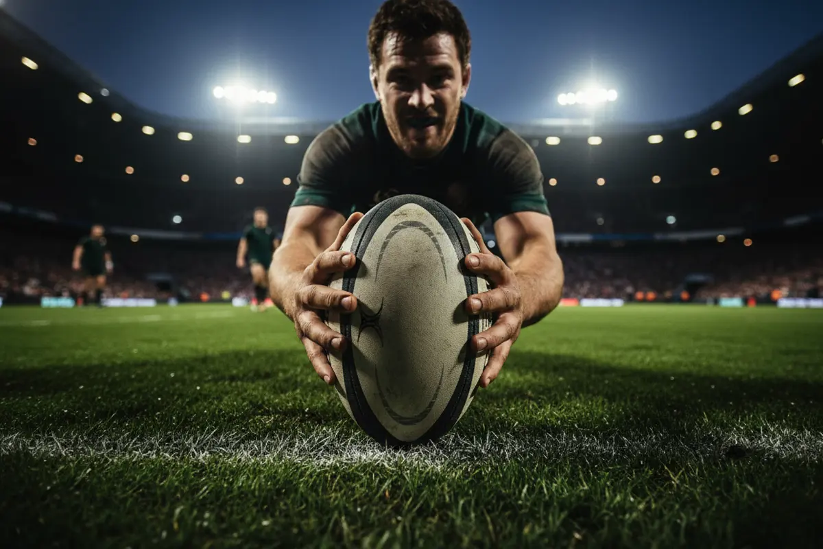 Joueur de rugby posant le ballon ovale derrière la ligne d'essai sur une pelouse verte parfaitement entretenue