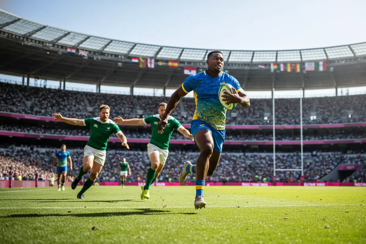 Action rapide lors d'un match de rugby à 7 avec un joueur sprinting en espace ouvert sur un grand terrain vert