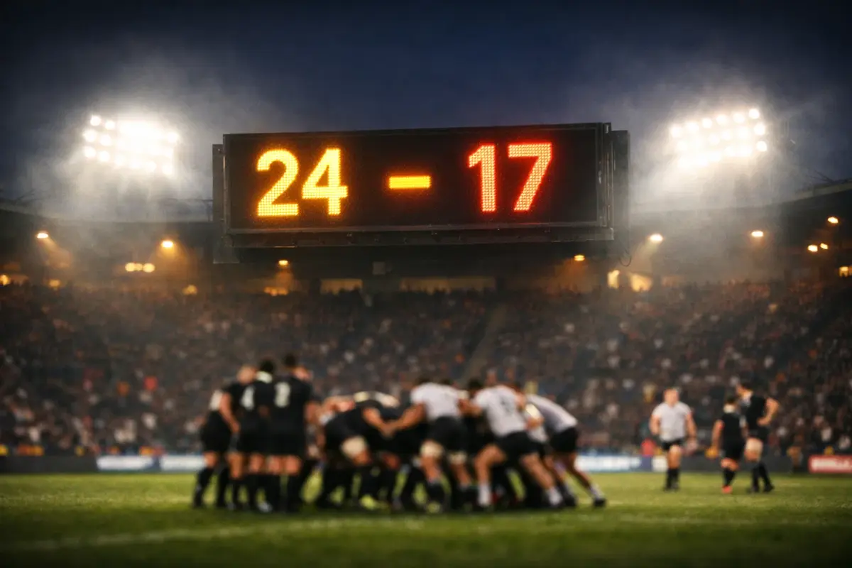 Tableau d'affichage d'un stade de rugby montrant les scores lors d'un match en soirée
