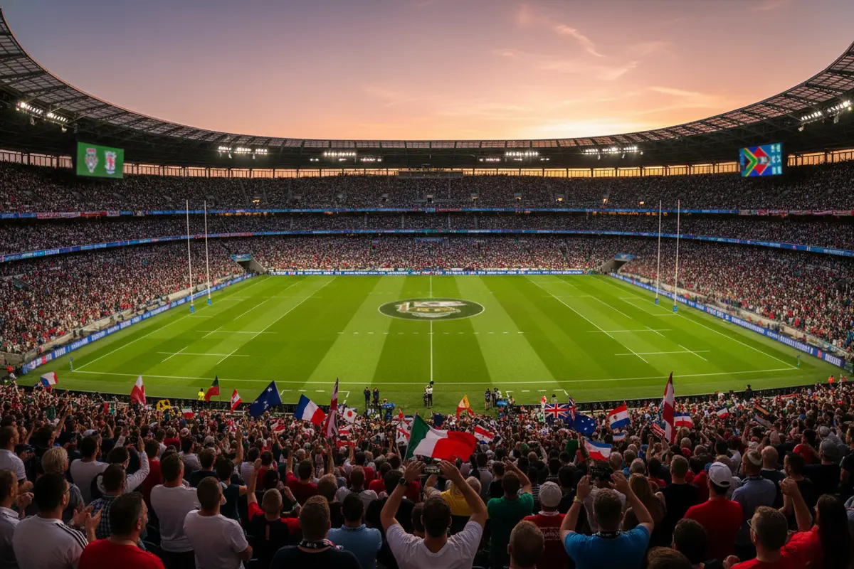 Stade de rugby rempli de supporters agitant des drapeaux nationaux avant le coup d'envoi d'un match international