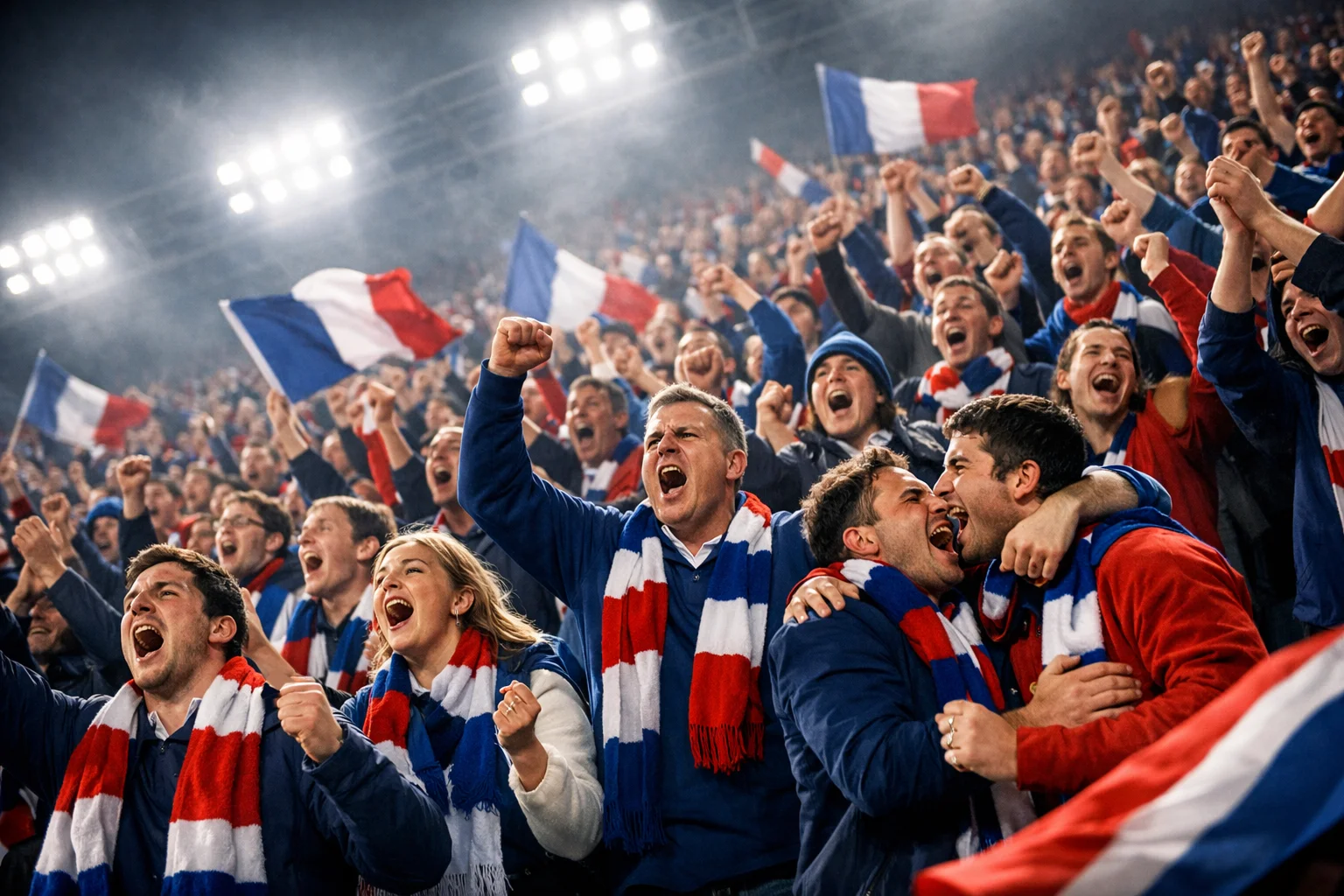 Tribune d'un stade de rugby bondée de supporters locaux encourageant leur équipe avec drapeaux et écharpes