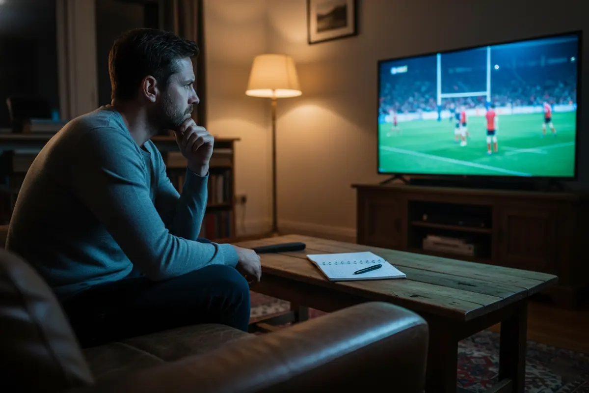 Homme pensif devant un écran montrant un match de rugby dans un salon faiblement éclairé le soir