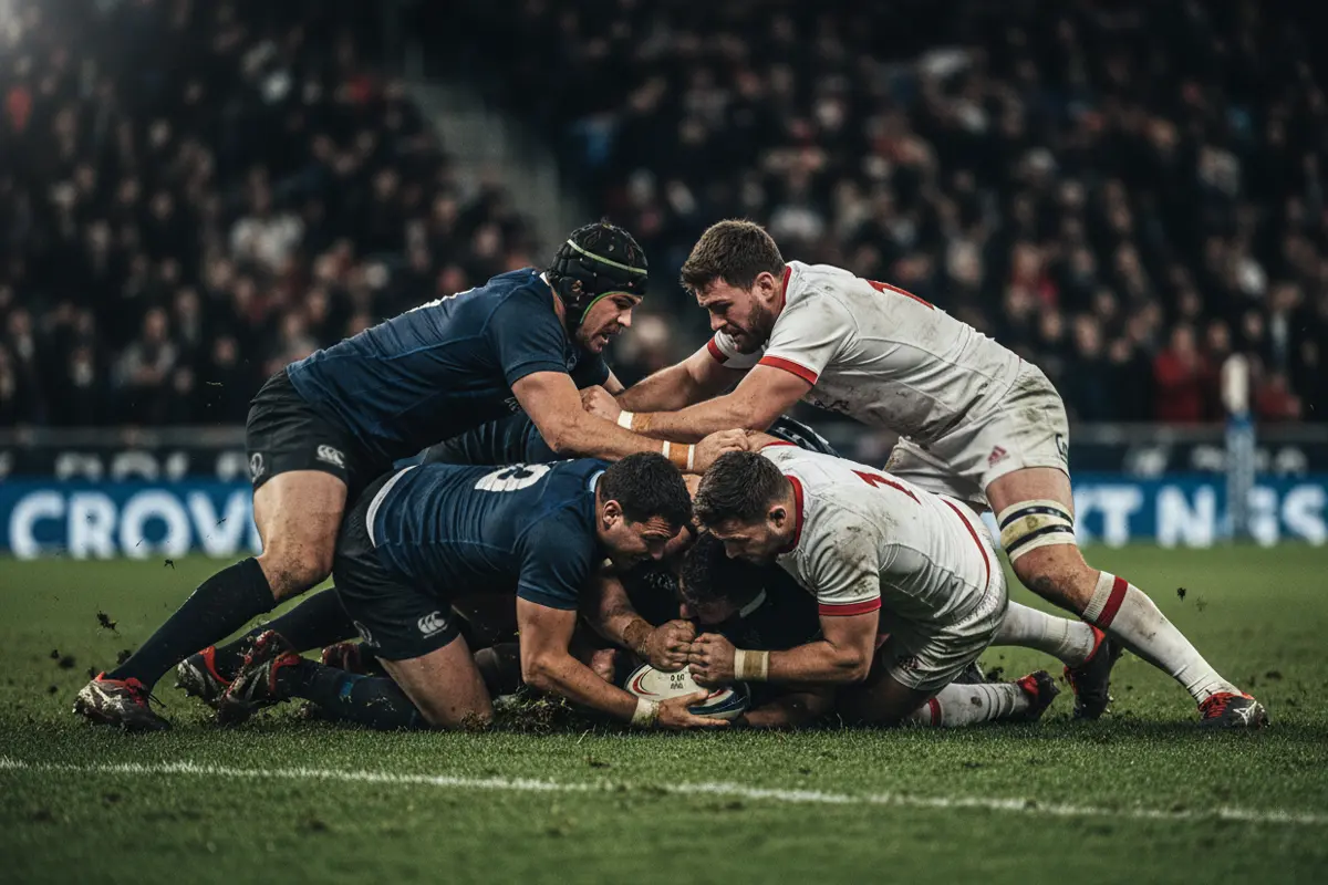 Deux équipes de rugby s'affrontant dans un ruck serré au centre du terrain avec le ballon contesté