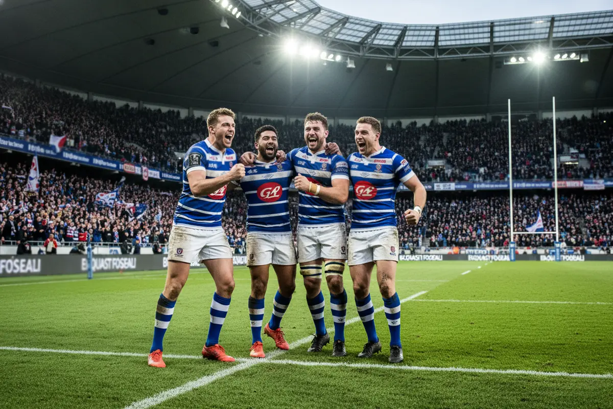 Joueur de rugby du Top 14 célébrant un essai avec ses coéquipiers sur la pelouse d'un stade français