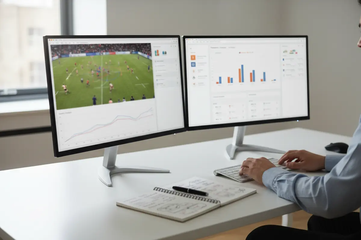 Personne analysant plusieurs écrans affichant des données de matchs de rugby dans un espace de travail organisé