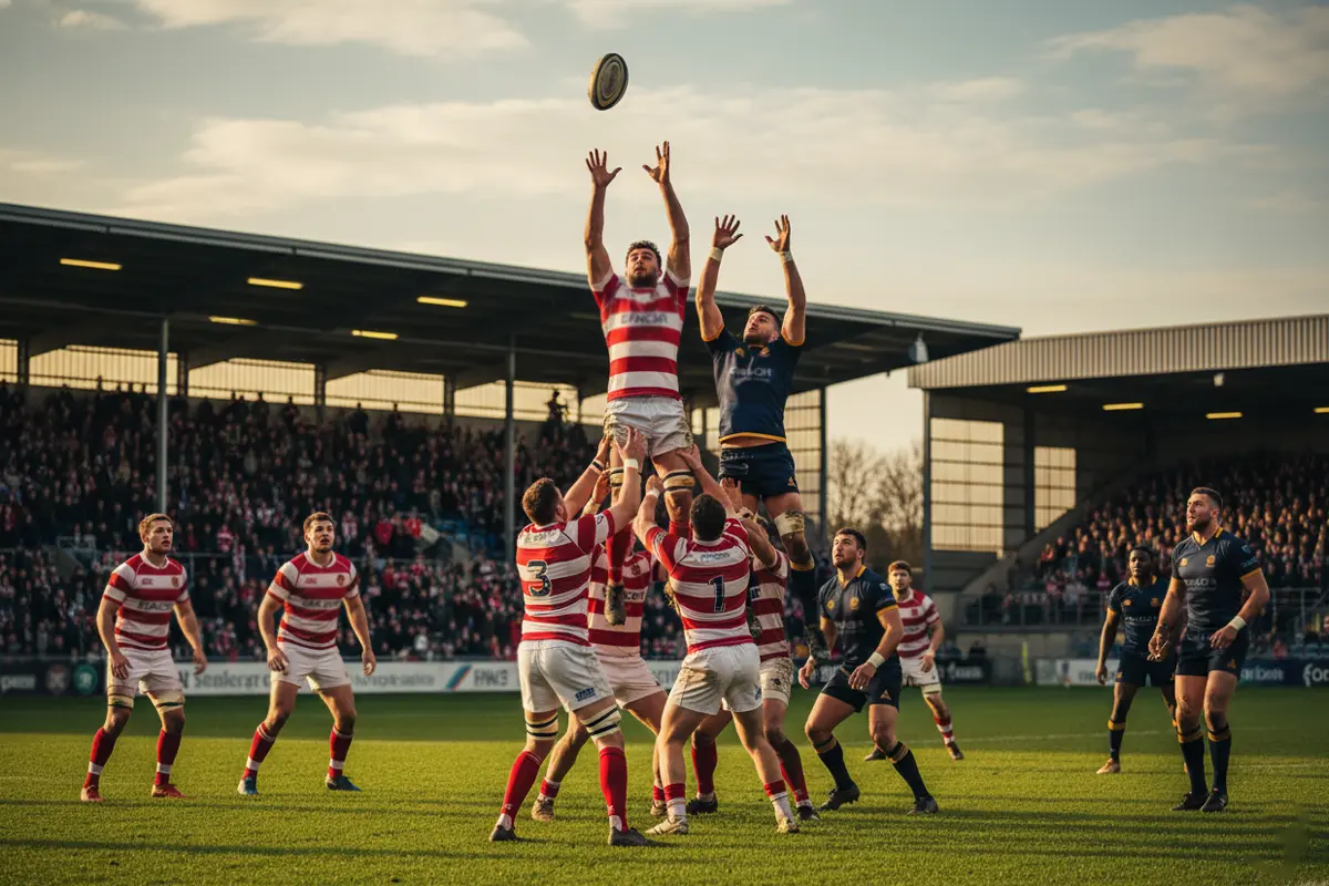 Match de rugby européen dans un stade de taille moyenne avec deux équipes de clubs en maillots colorés
