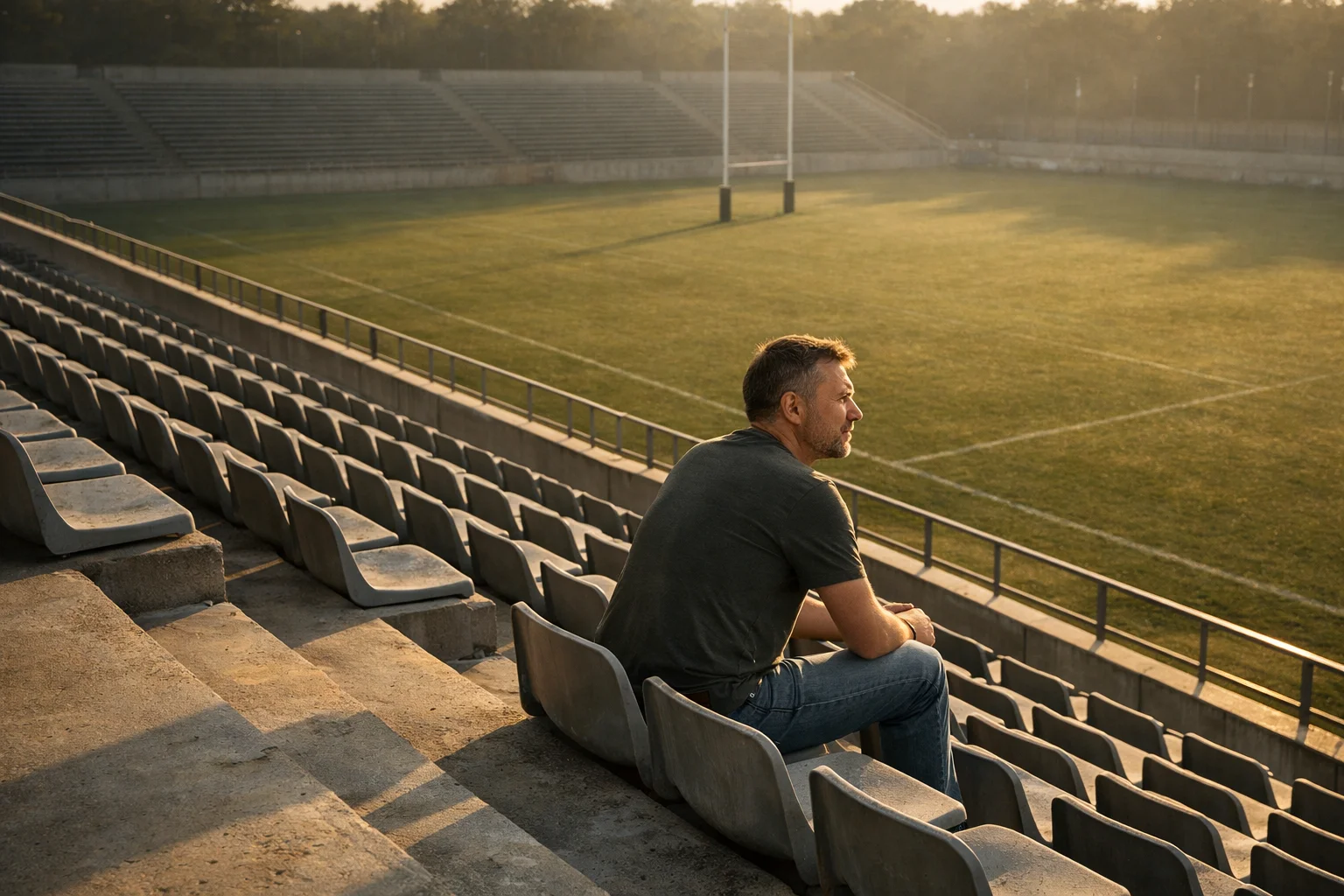 Homme calme et concentré assis seul dans les gradins vides d'un stade de rugby observant le terrain