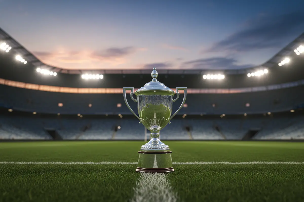 Trophée de rugby posé sur une pelouse verte avec un stade illuminé en arrière-plan au crépuscule
