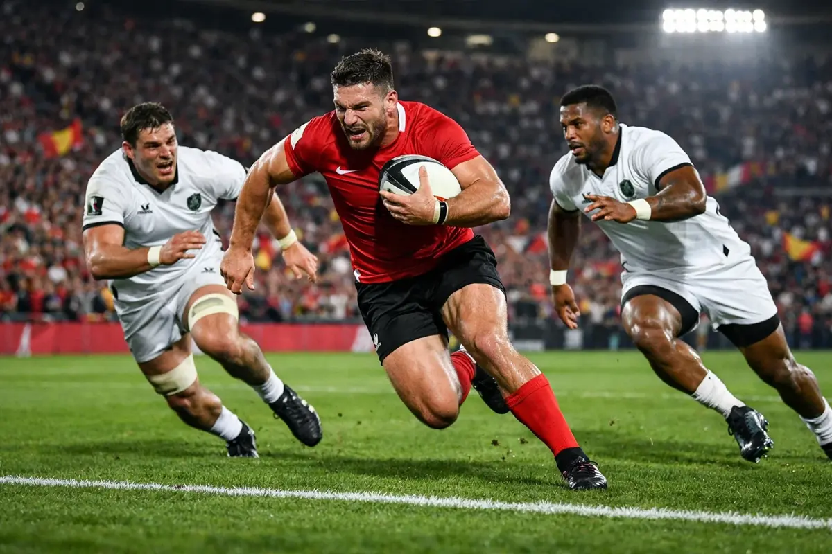 Match de rugby du Top 14 avec deux équipes s'affrontant dans un stade français plein de supporters