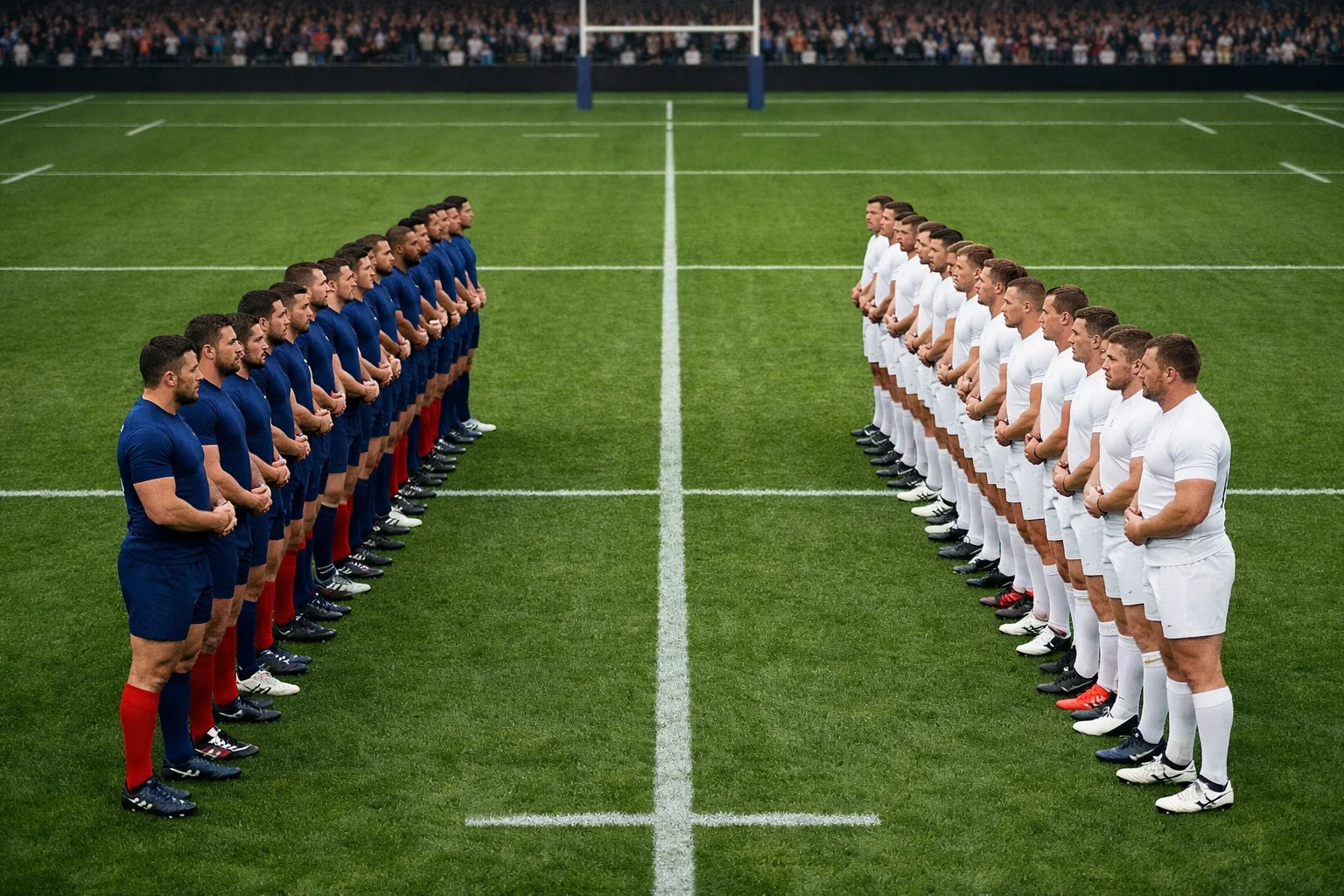Joueurs de rugby internationaux alignés avant le coup d'envoi d'un match du Tournoi des 6 Nations