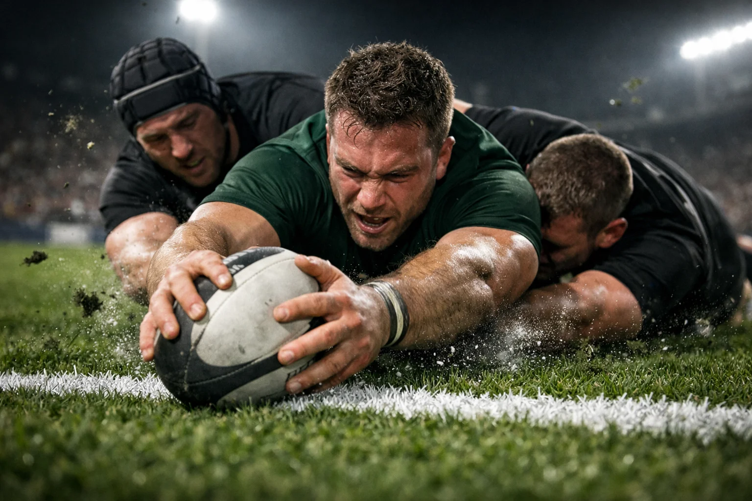 Action de rugby avec un joueur franchissant la ligne d'essai sous les plaquages de la défense