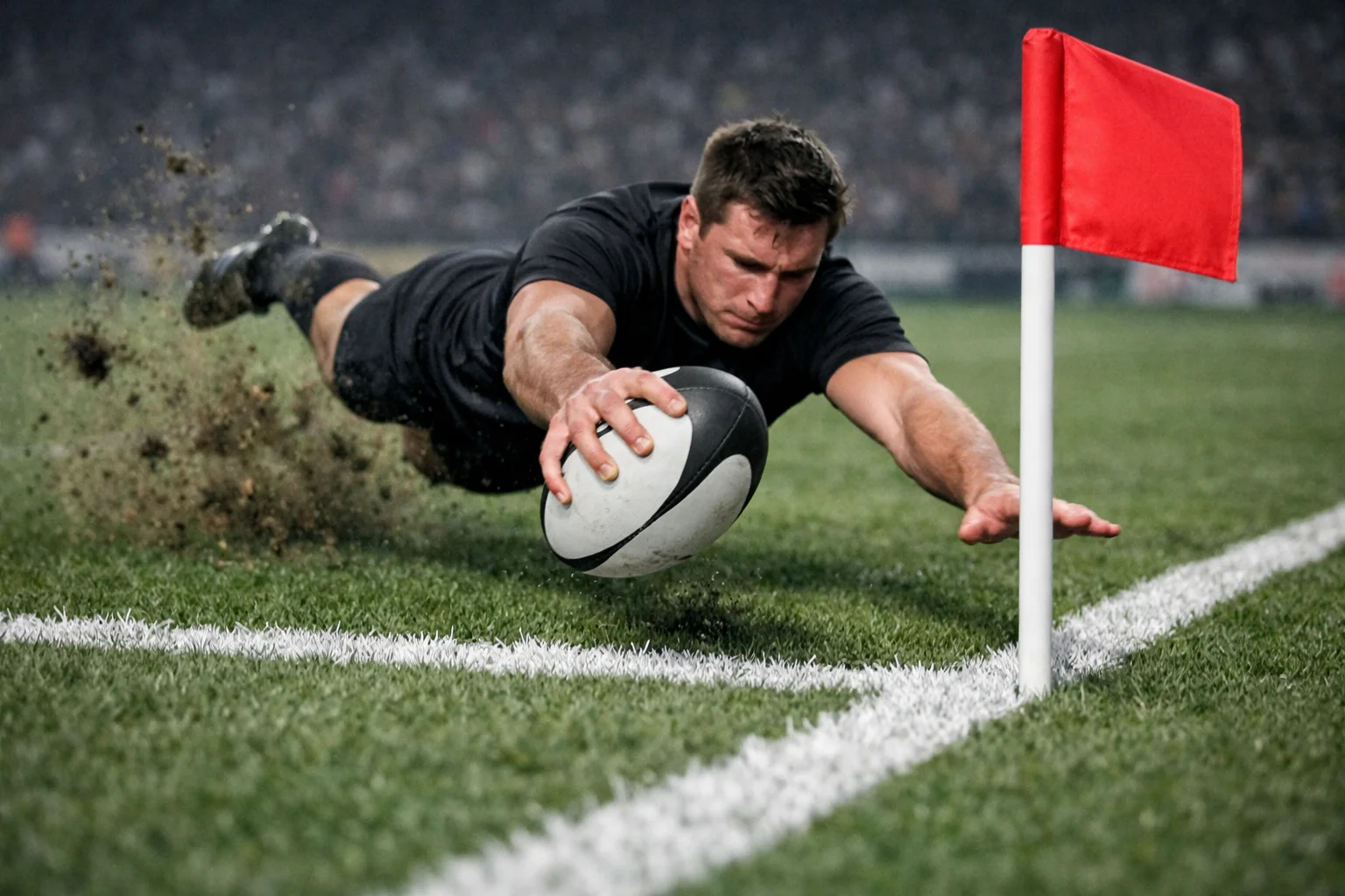 Ailier de rugby plongeant pour marquer un essai dans le coin du terrain sous les acclamations