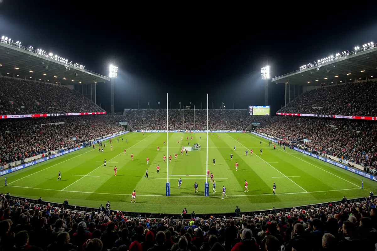 Vue d'ensemble d'un stade de rugby illuminé en soirée avec un match en cours et les écrans affichant le score