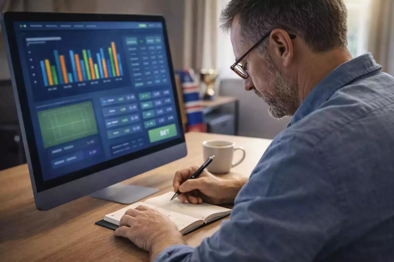 Homme concentré analysant des statistiques de rugby sur écran dans un bureau