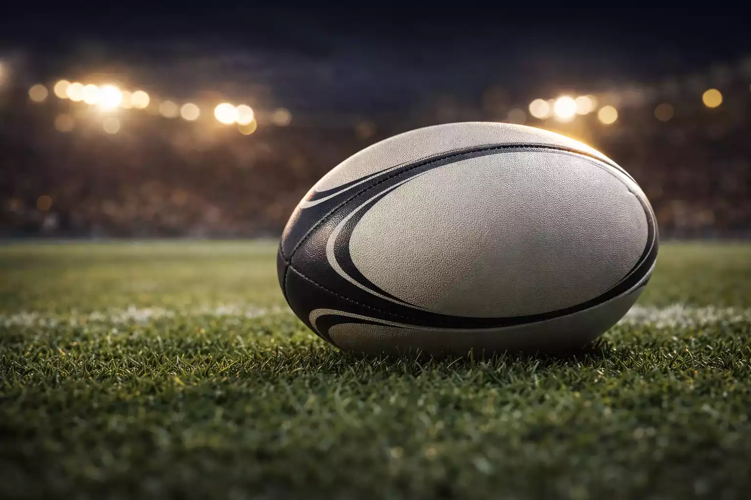 Ballon de rugby ovale sur terrain de gazon avec lumière de stade en arrière-plan