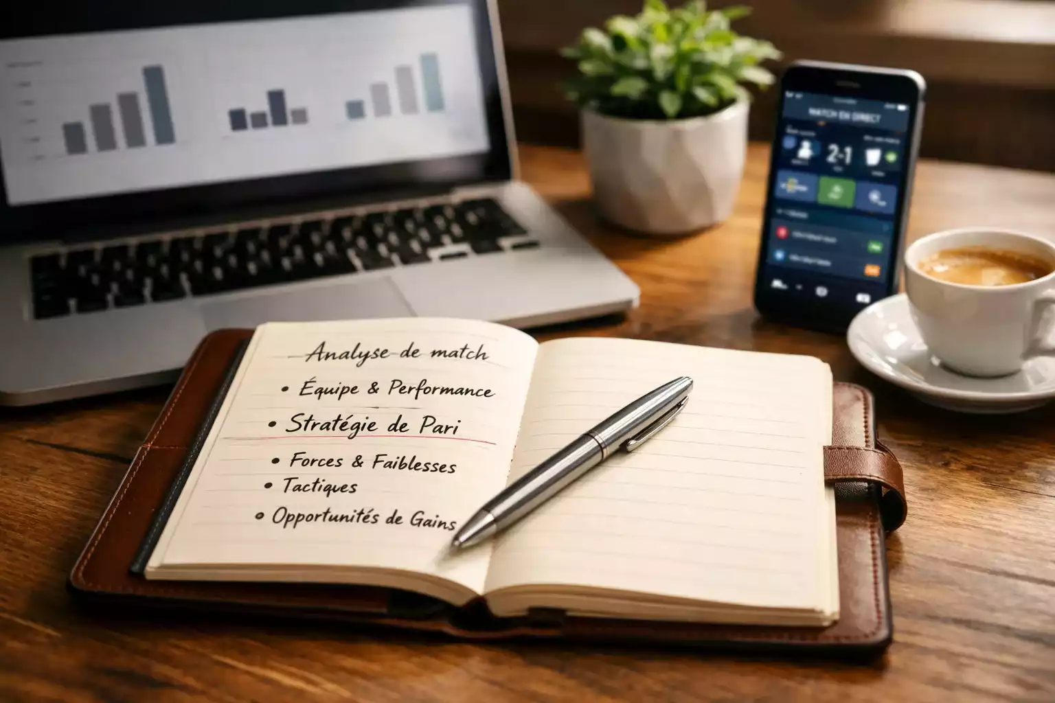 Carnet de notes avec stylo posé sur une table à côté d'un ordinateur portable affichant des données